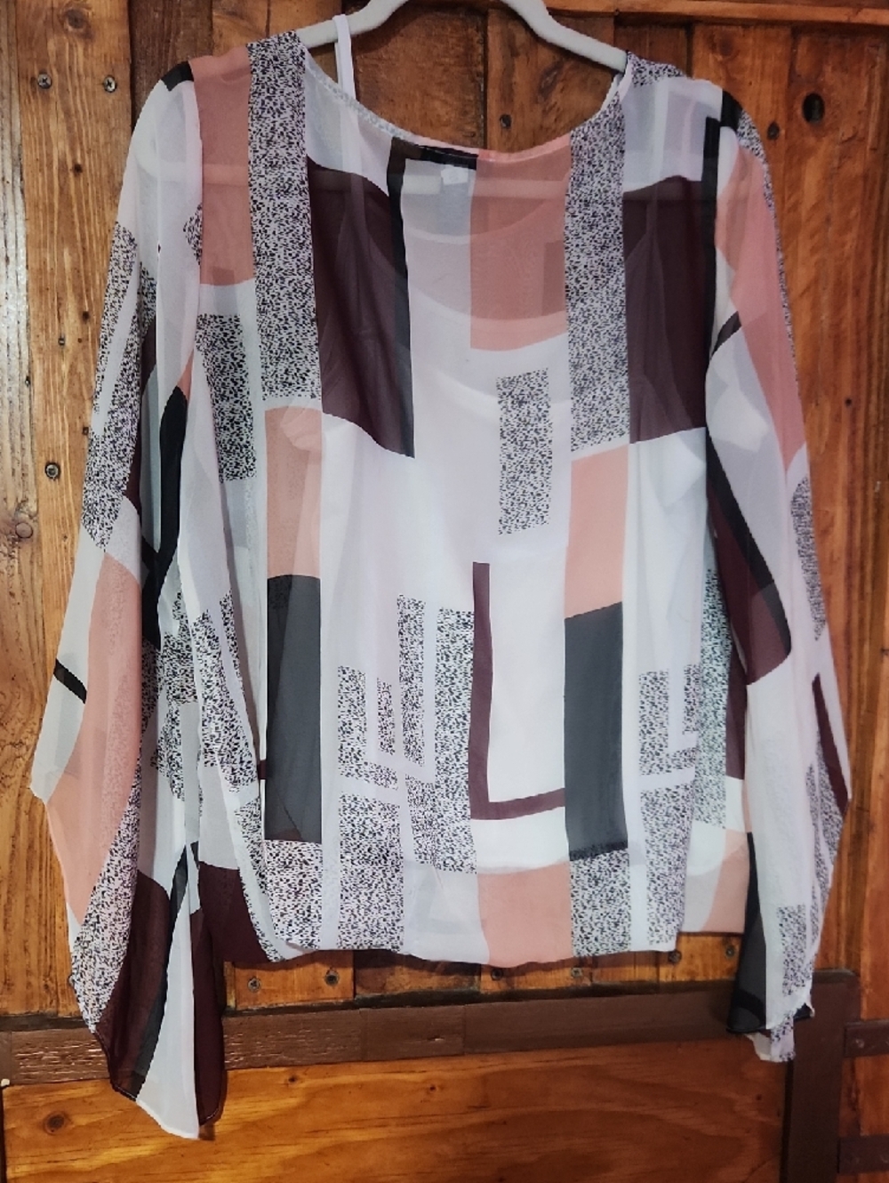 Alfani Geometric Sheer Blouse in Blush, White & Brown - Picture 5 of 6